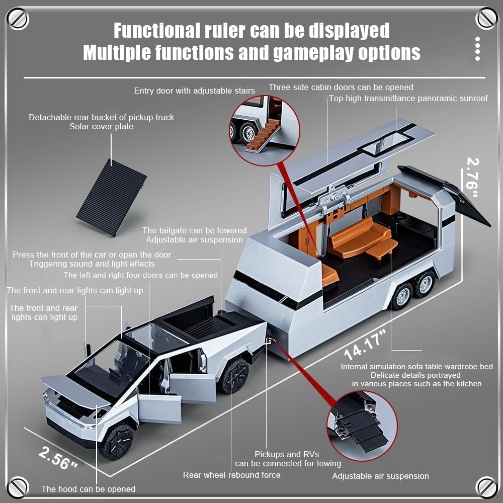 1:32 Cyber Pickup Trailer RV Model Kit - Diecast Metal Off-Road Toy Truck for Boys