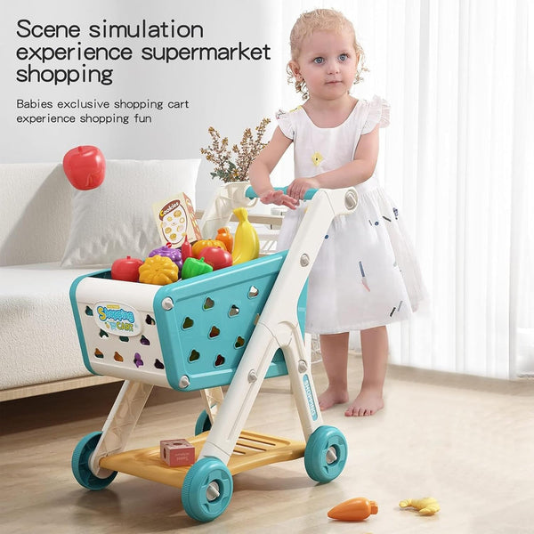 Kids Shopping Cart Trolley Play Set | Pretend Grocery Play with Food & Accessories