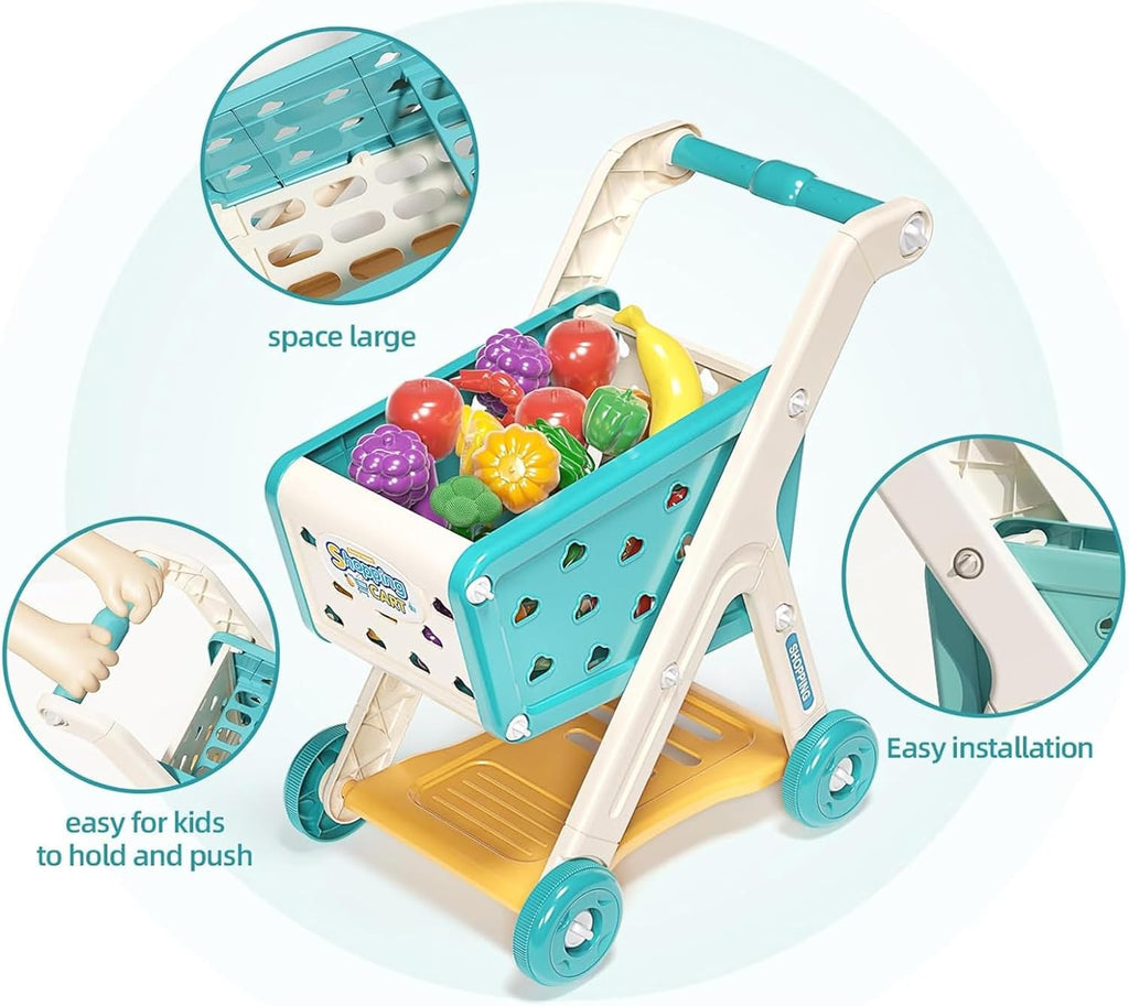 Kids Shopping Cart Trolley Play Set | Pretend Grocery Play with Food & Accessories