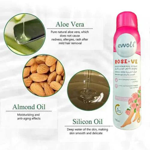 Evoli Rose+Ve Hair Removal Spray – Moisturizing Formula for Silky Smooth Skin | Fast & Gentle Hair Removal (180ml)