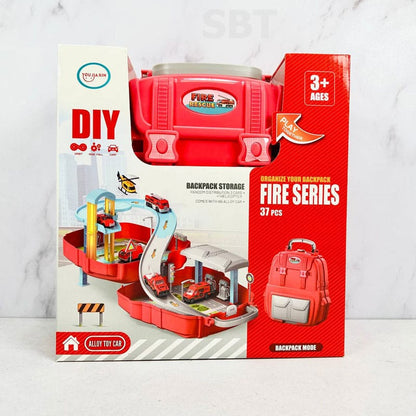 2-in-1 Backpack DIY Vehicle Playset - Construction & Parking Lot Fire Series with Alloy Cars