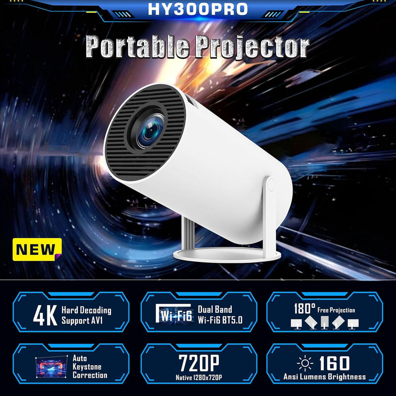 HD Portable Projector - 4K Support, Bluetooth, WiFi6, Smart Home Cinema Compatible with HDMI & USB