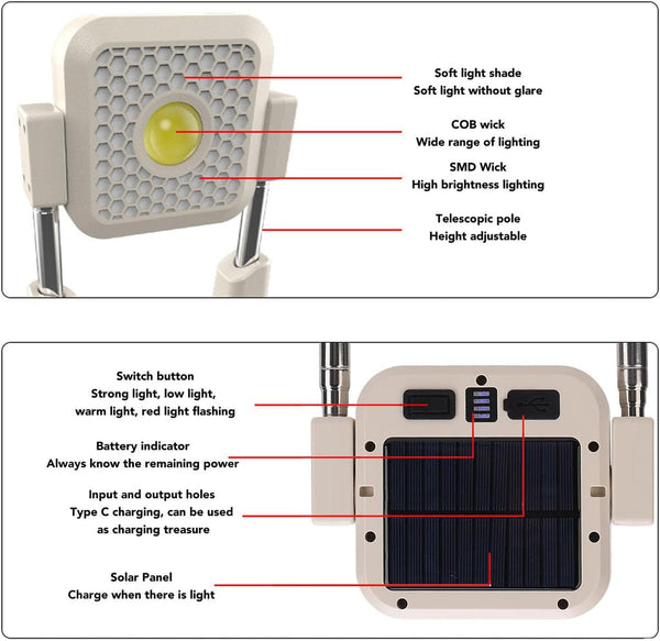 Solar Work Lights - Rechargeable Outdoor Camping Light with Adjustable Height & 10,000LM Brightness