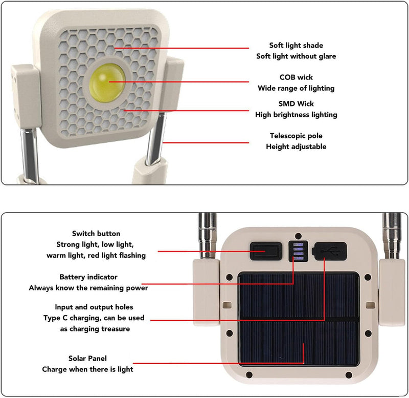 Solar Work Lights - Rechargeable Outdoor Camping Light with Adjustable Height & 10,000LM Brightness