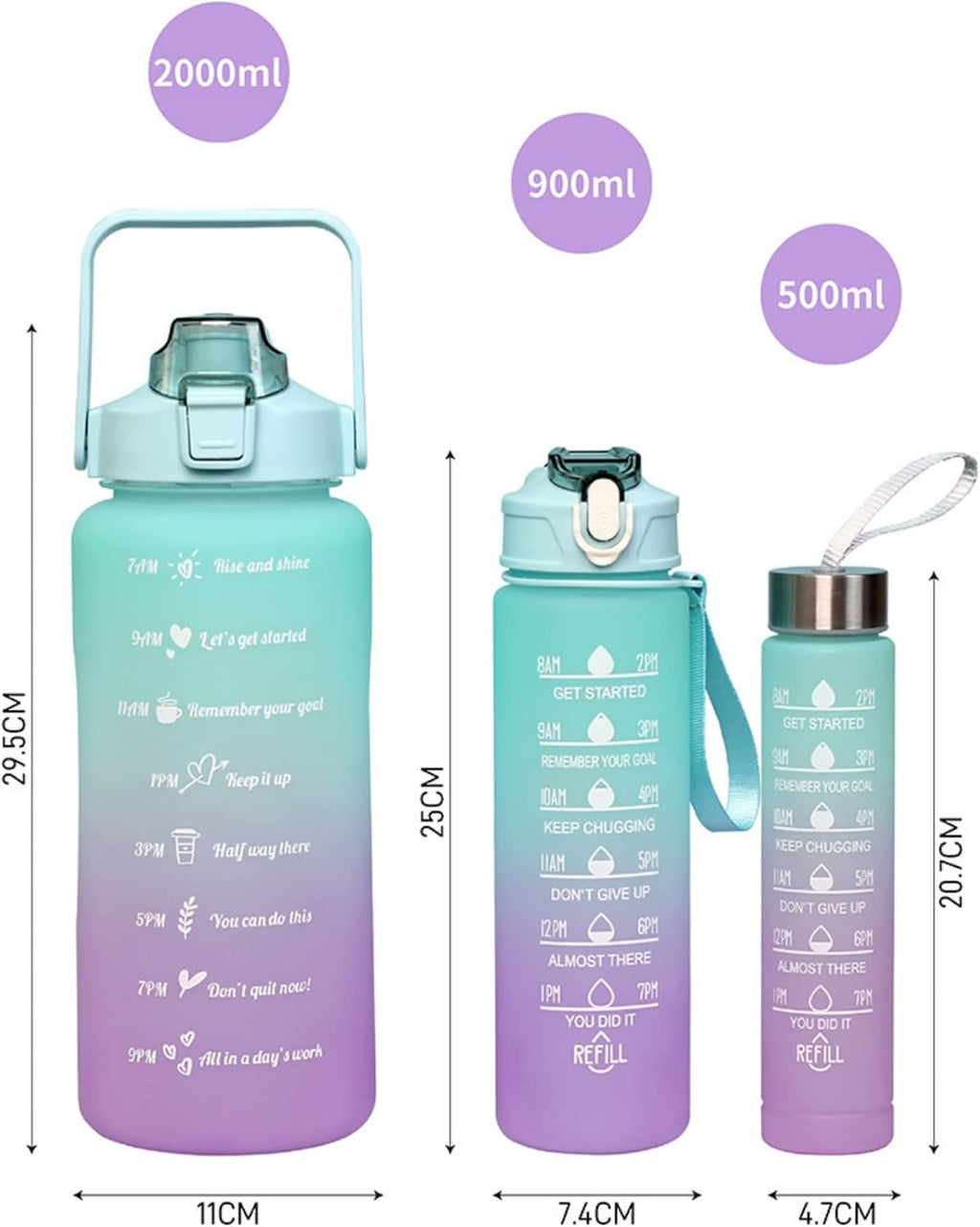 Water Bottles Set of 3 - BPA-Free Motivational Sports Water Bottles with Time Markers